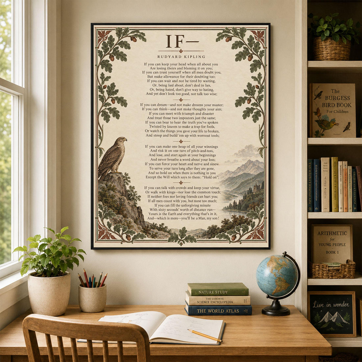 If Poem Quote Wall Art Print | Rudyard Kipling | Family | Floral Landscape | Children's Room | Nursery | Vintage Literary Home Decor