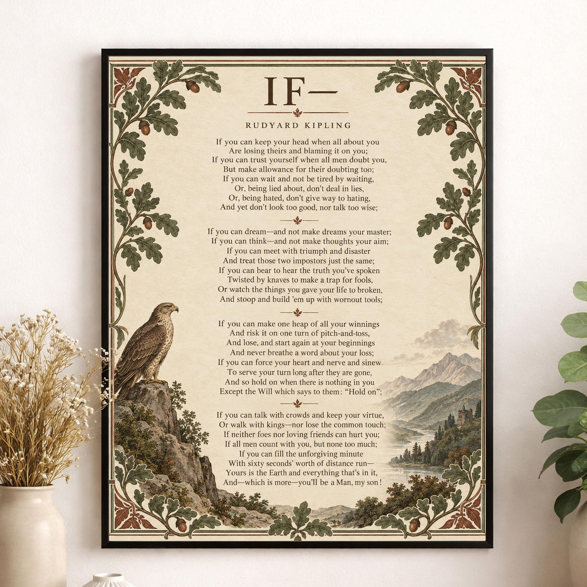 If Poem Quote Wall Art Print | Rudyard Kipling | Family | Floral Landscape | Children's Room | Nursery | Vintage Literary Home Decor