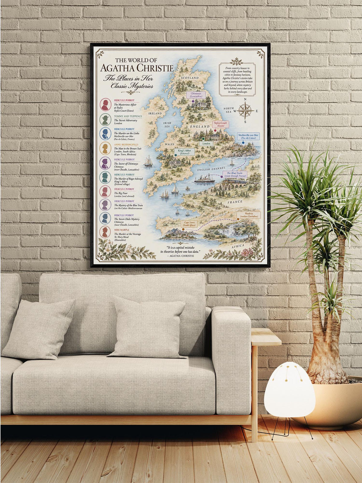 Agatha Christie Books Map Art Print, Mystery Literary Wall Artwork, England Home Decor, Library Gift, Classic Novel Poster