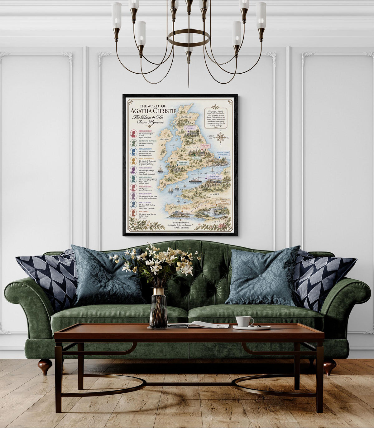 Agatha Christie Books Map Art Print, Mystery Literary Wall Artwork, England Home Decor, Library Gift, Classic Novel Poster