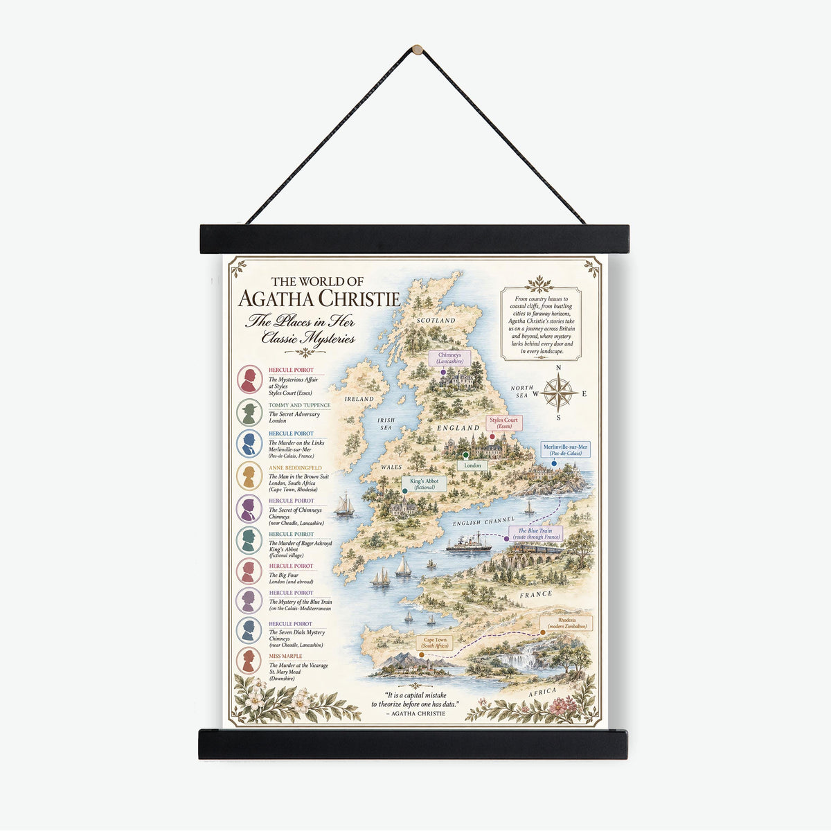 Agatha Christie Books Map Art Print, Mystery Literary Wall Artwork, England Home Decor, Library Gift, Classic Novel Poster
