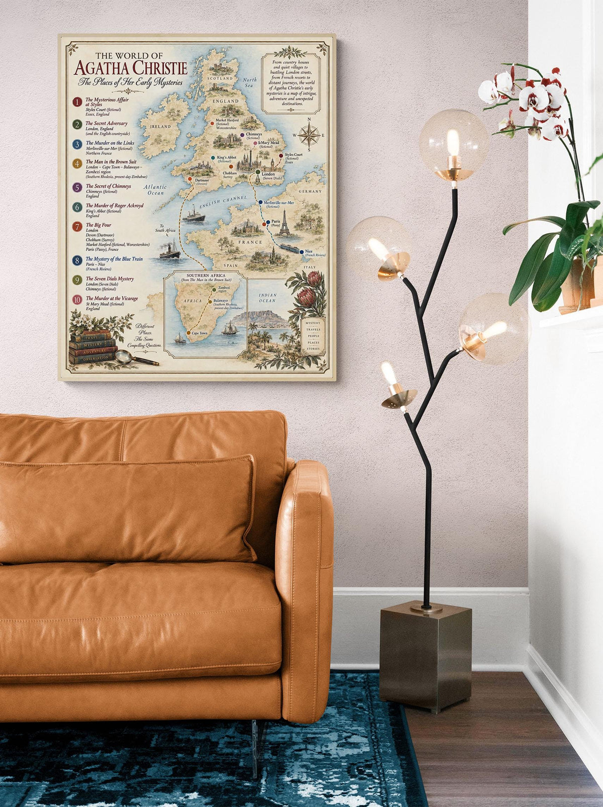 Agatha Christie Books Map Art Print, Literary Wall Artwork, England Home Decor, Library Gift, Classic Mystery Poster