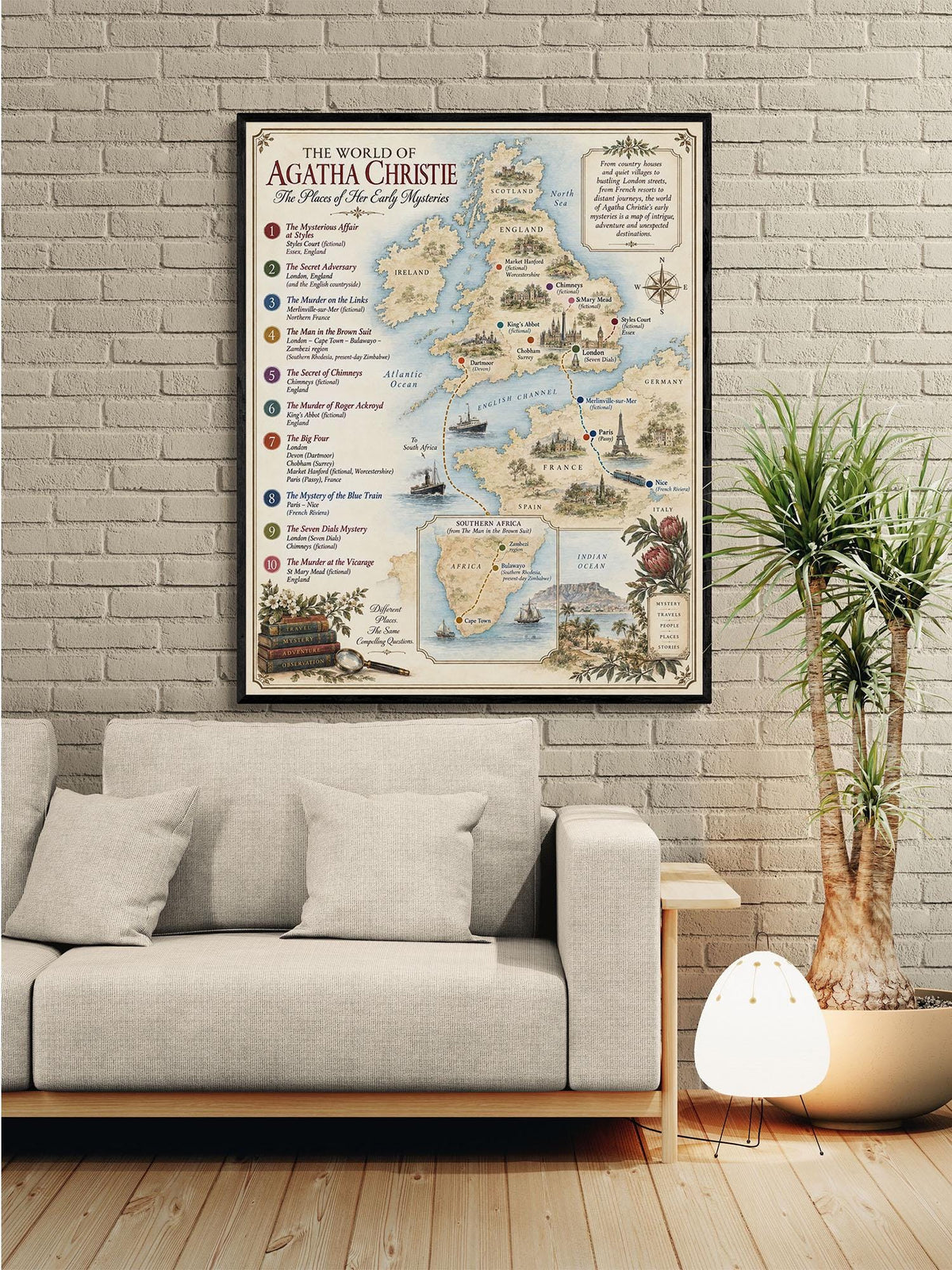 Agatha Christie Books Map Art Print, Literary Wall Artwork, England Home Decor, Library Gift, Classic Mystery Poster