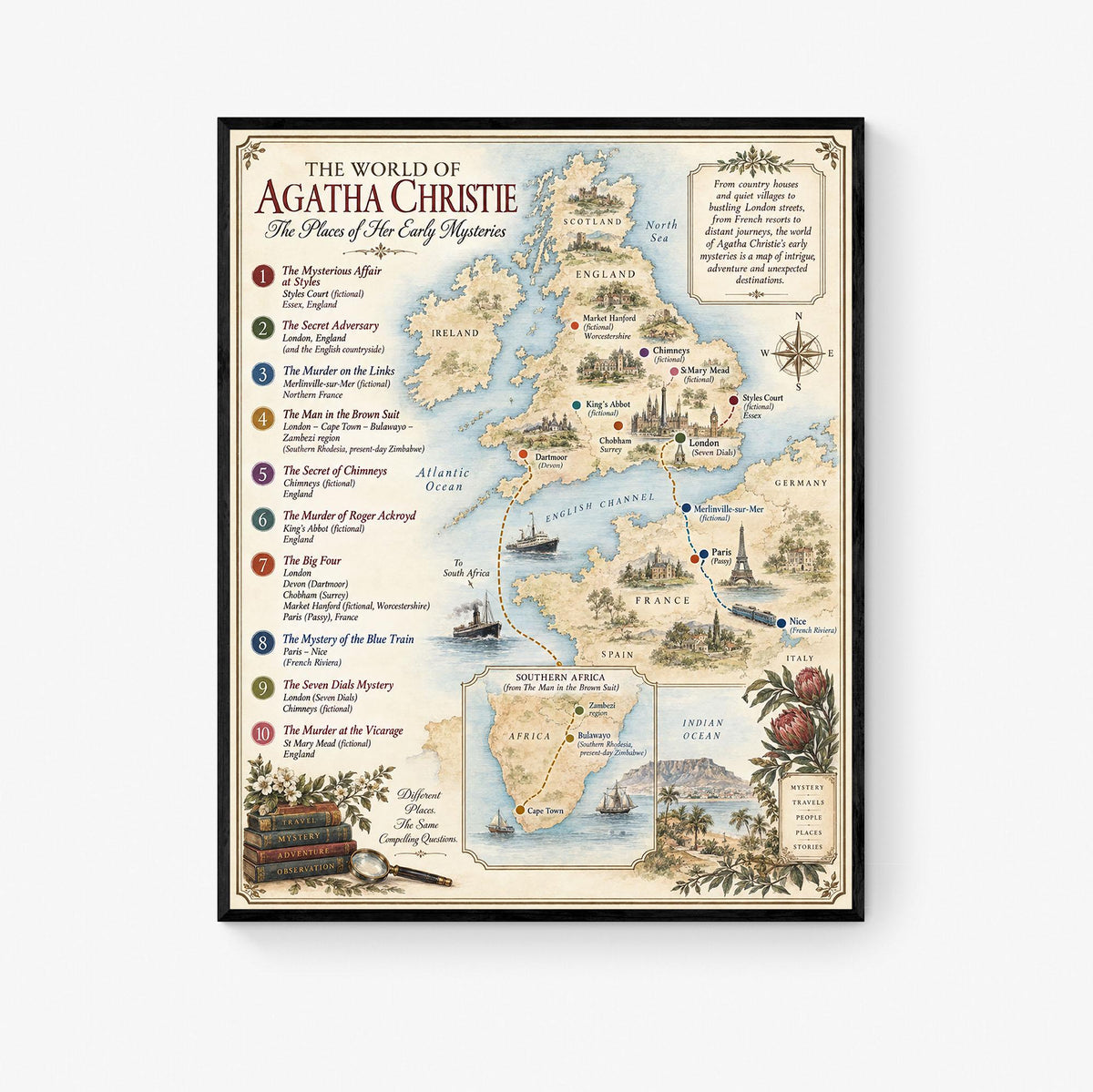 Agatha Christie Books Map Art Print, Literary Wall Artwork, England Home Decor, Library Gift, Classic Mystery Poster