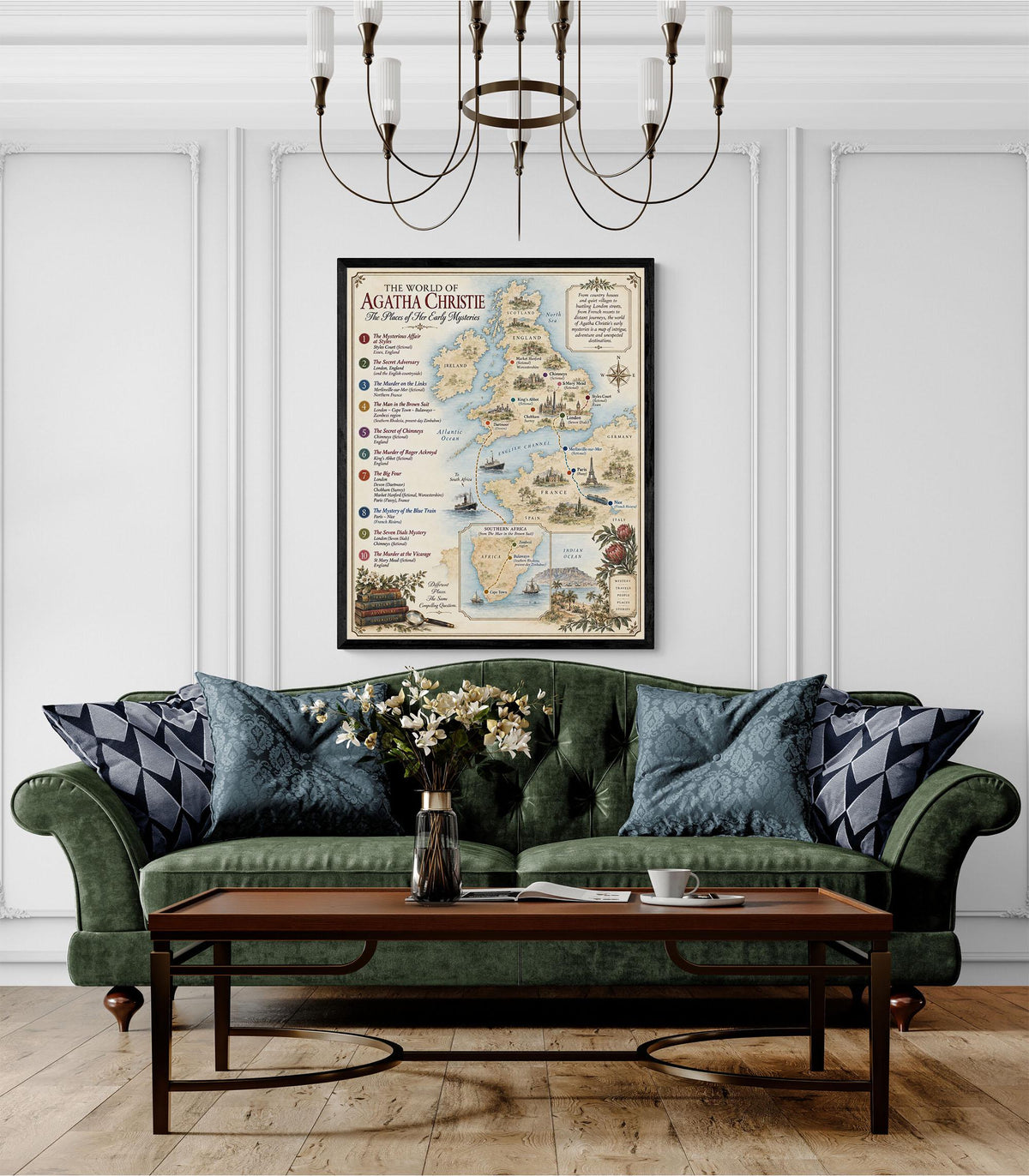 Agatha Christie Books Map Art Print, Literary Wall Artwork, England Home Decor, Library Gift, Classic Mystery Poster