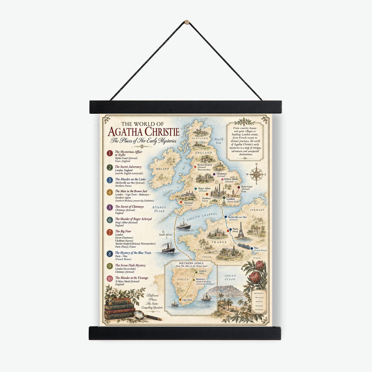 Agatha Christie Books Map Art Print, Literary Wall Artwork, England Home Decor, Library Gift, Classic Mystery Poster