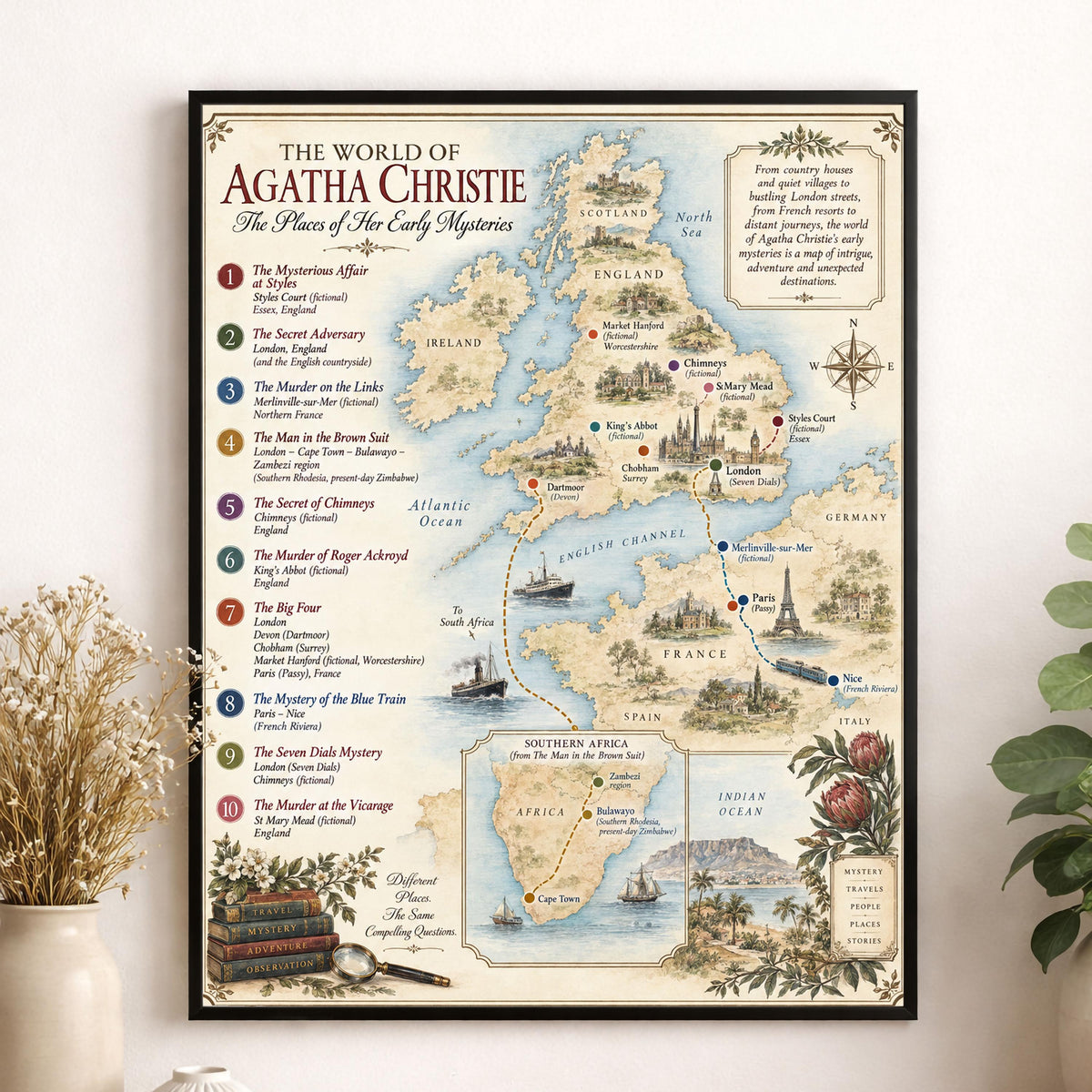 Agatha Christie Books Map Art Print, Literary Wall Artwork, England Home Decor, Library Gift, Classic Mystery Poster