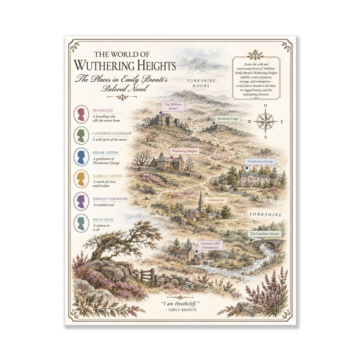 Wuthering Heights Map Art Print, Emily Bronte Literary Wall Artwork, England Home Decor, Library Gift, Classic Novel Poster
