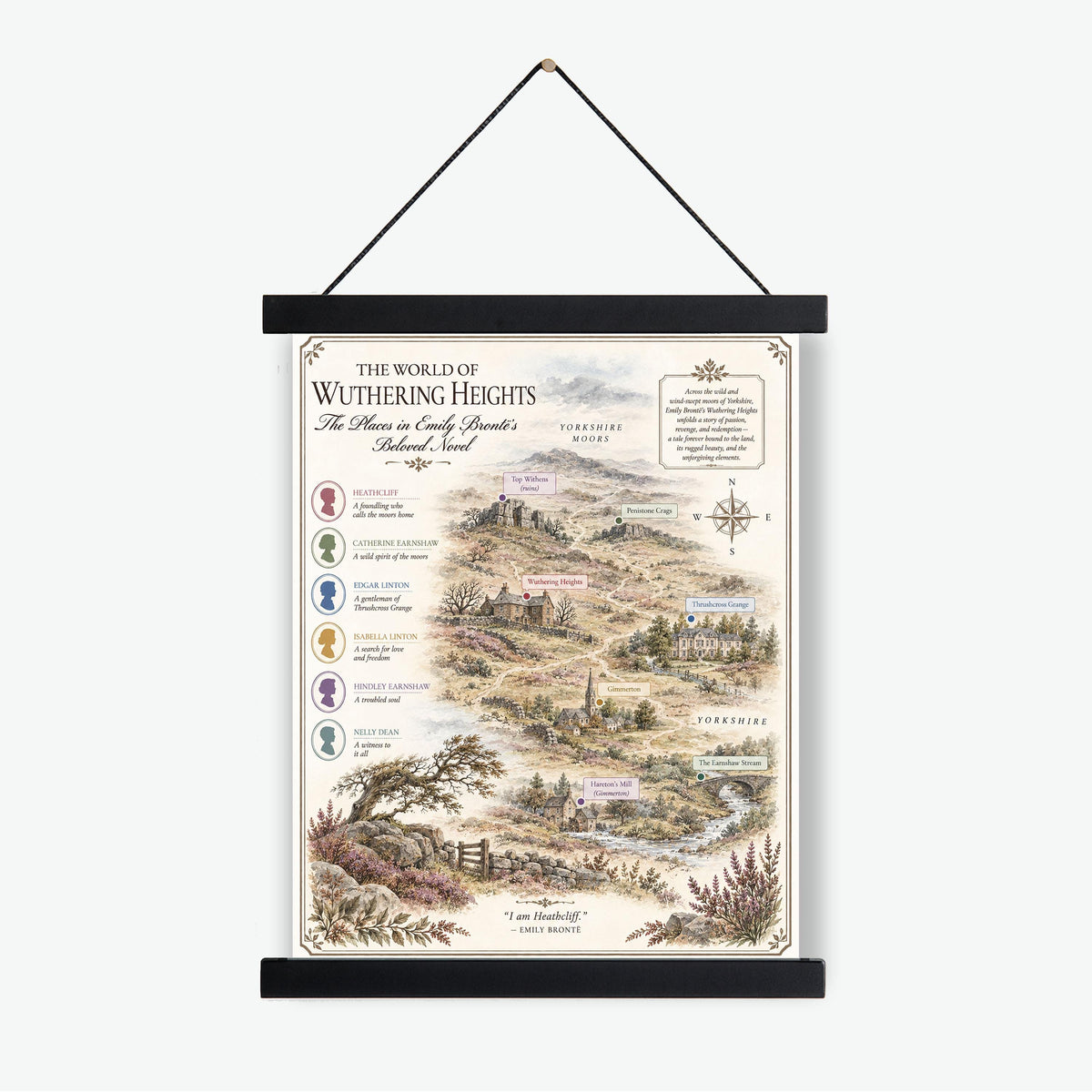 Wuthering Heights Map Art Print, Emily Bronte Literary Wall Artwork, England Home Decor, Library Gift, Classic Novel Poster