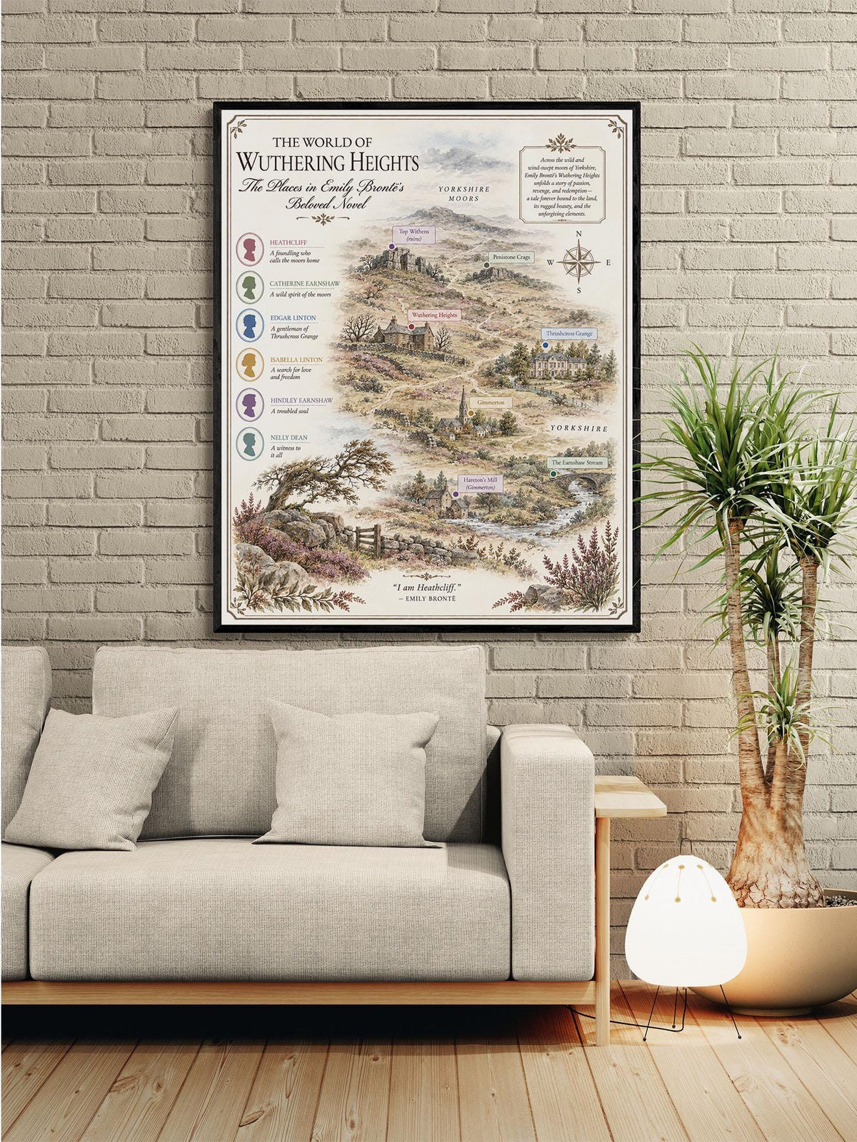 Wuthering Heights Map Art Print, Emily Bronte Literary Wall Artwork, England Home Decor, Library Gift, Classic Novel Poster