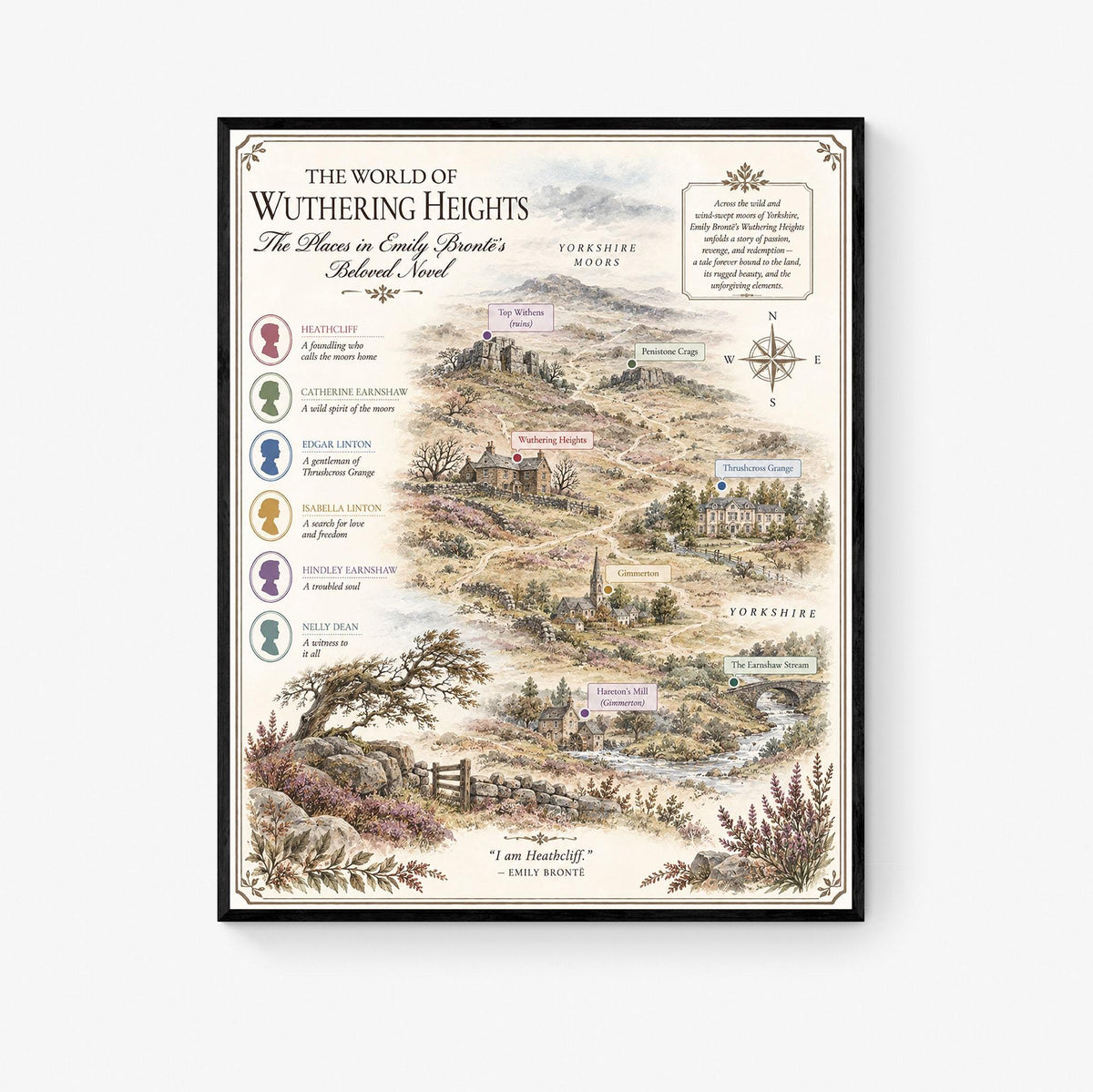Wuthering Heights Map Art Print, Emily Bronte Literary Wall Artwork, England Home Decor, Library Gift, Classic Novel Poster