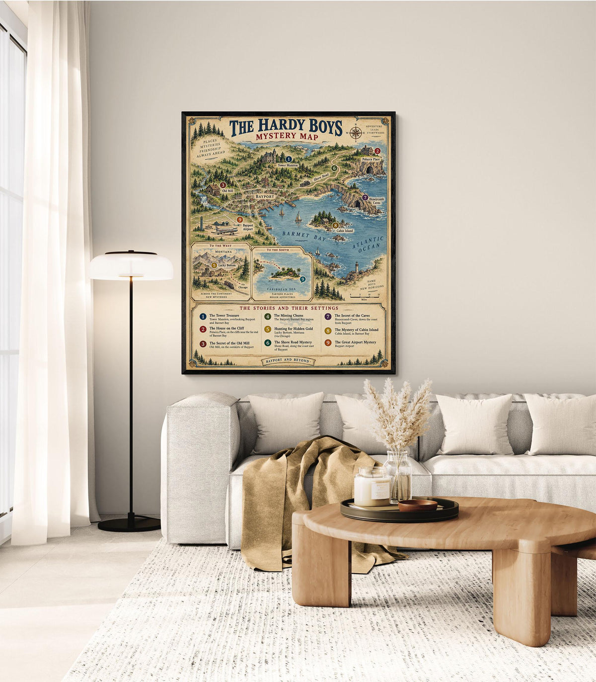 Hardy Boys Map Art Print, Bayport Literary Wall Artwork, England Home Decor, Library Gift, Classic Novel Poster
