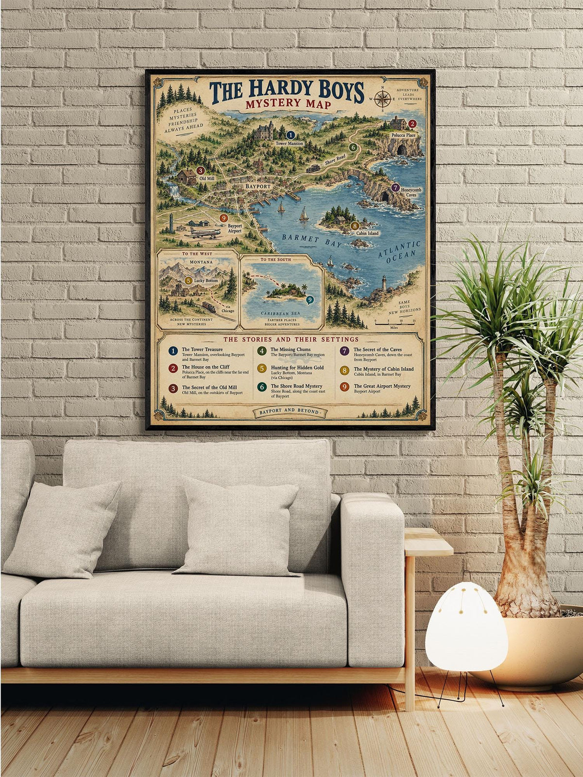 Hardy Boys Map Art Print, Bayport Literary Wall Artwork, England Home Decor, Library Gift, Classic Novel Poster