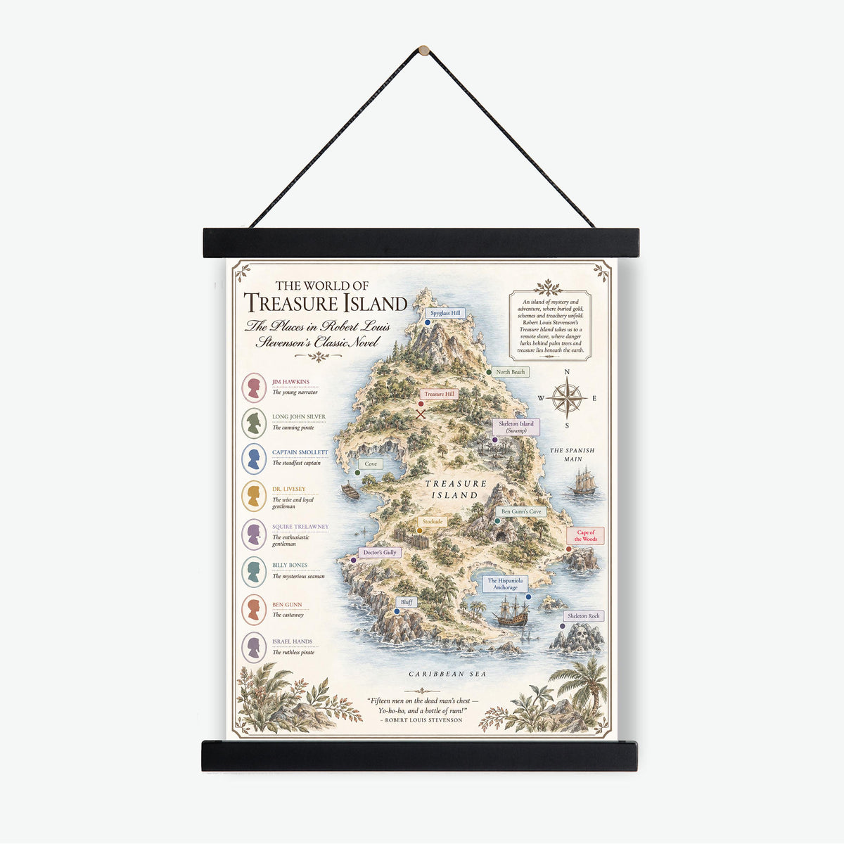 Treasure Island Map Art Print, Robert Louis Stevenson Literary Wall Artwork, England Home Decor, Library Gift, Classic Novel Poster