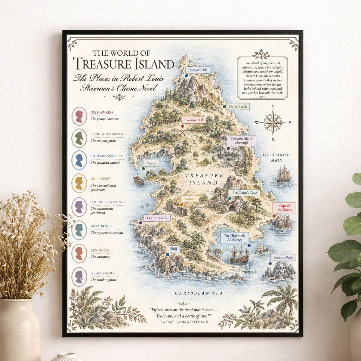 Treasure Island Map Art Print, Robert Louis Stevenson Literary Wall Artwork, England Home Decor, Library Gift, Classic Novel Poster