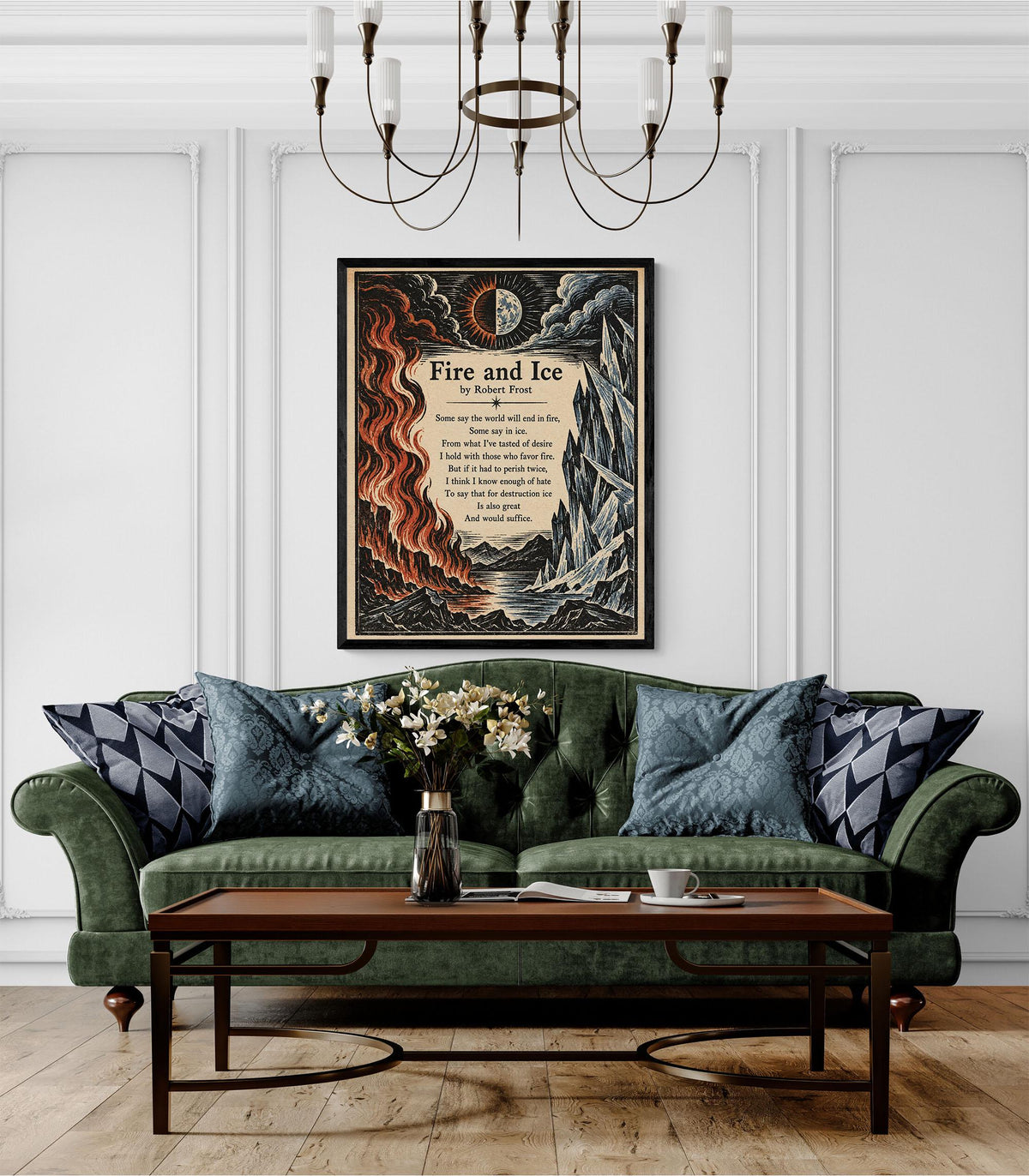 Fire and Ice Poem Art Print | Robert Frost Quote | Vintage Woodcut Literary | Landscape | Home Decor Poster