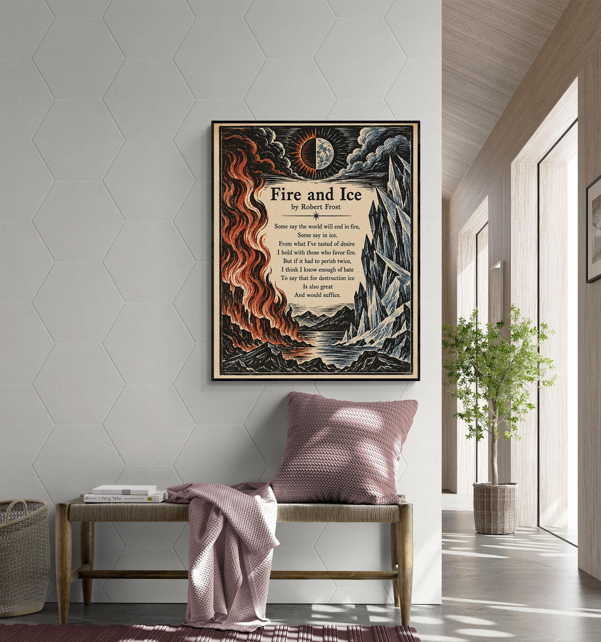 Fire and Ice Poem Art Print | Robert Frost Quote | Vintage Woodcut Literary | Landscape | Home Decor Poster