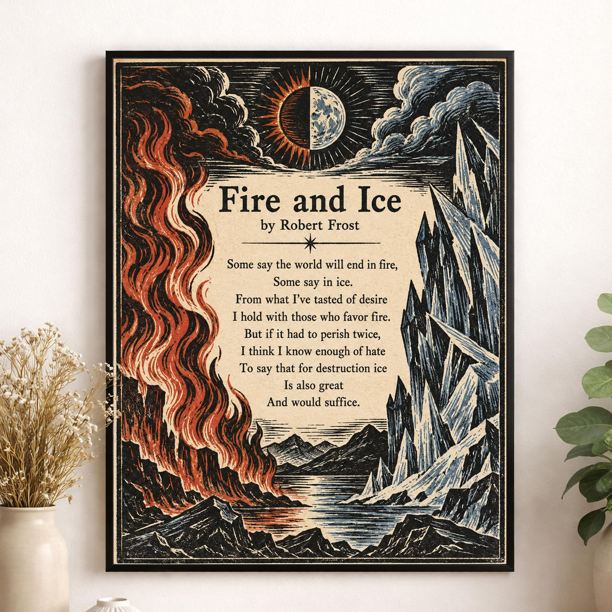 Fire and Ice Poem Art Print | Robert Frost Quote | Vintage Woodcut Literary | Landscape | Home Decor Poster