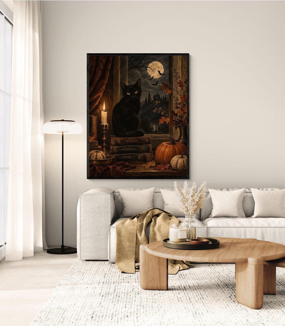 Gothic Black Cat Art Print, Halloween, Autumn Moonlit Window, Fall Home Decor