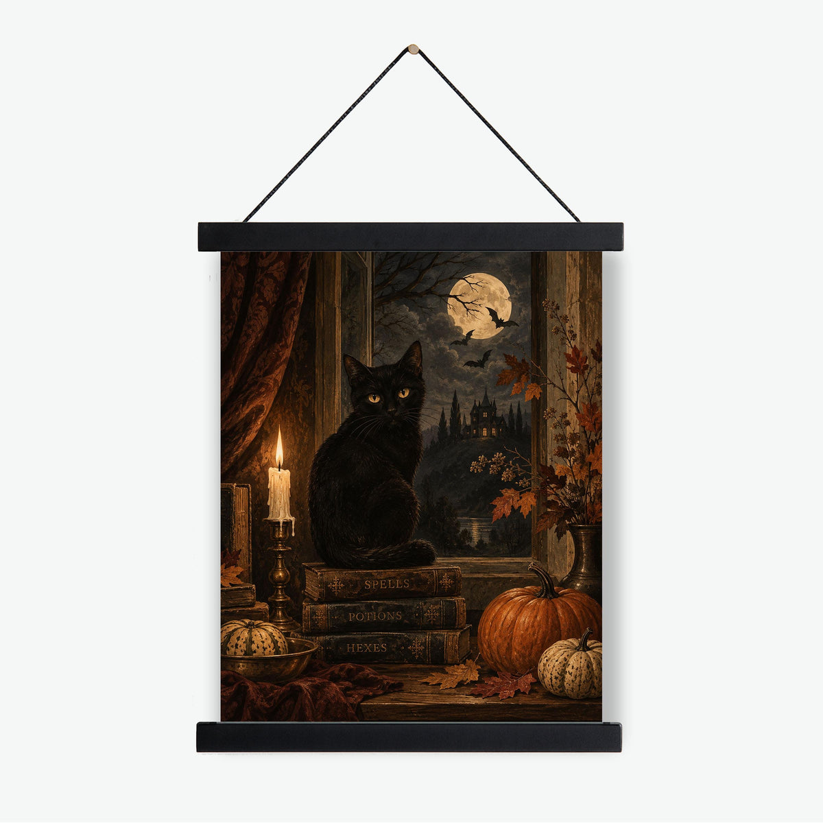 Gothic Black Cat Art Print, Halloween, Autumn Moonlit Window, Fall Home Decor