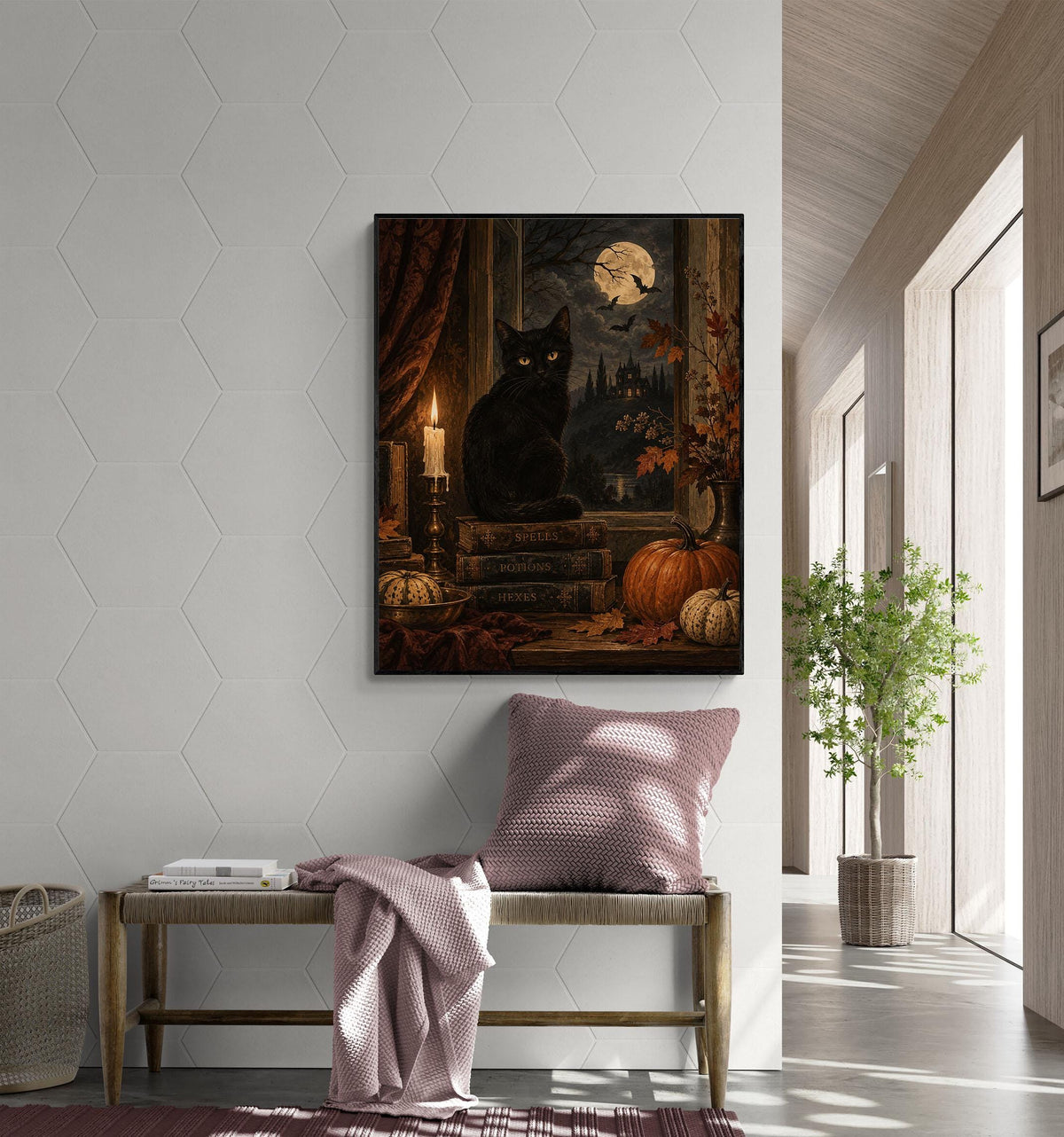 Gothic Black Cat Art Print, Halloween, Autumn Moonlit Window, Fall Home Decor