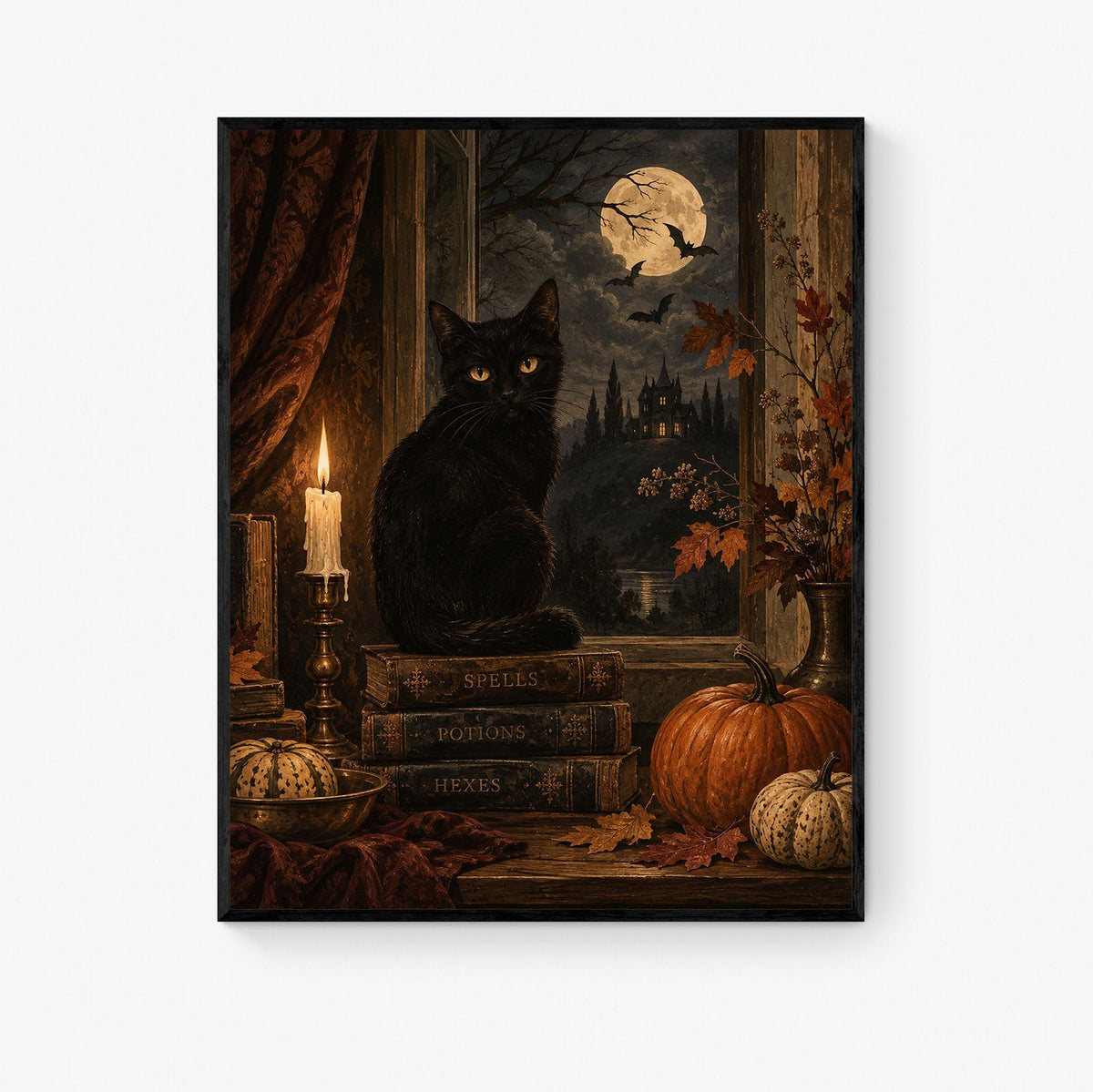 Gothic Black Cat Art Print, Halloween, Autumn Moonlit Window, Fall Home Decor