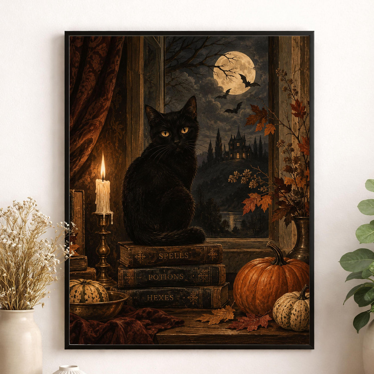 Gothic Black Cat Art Print, Halloween, Autumn Moonlit Window, Fall Home Decor