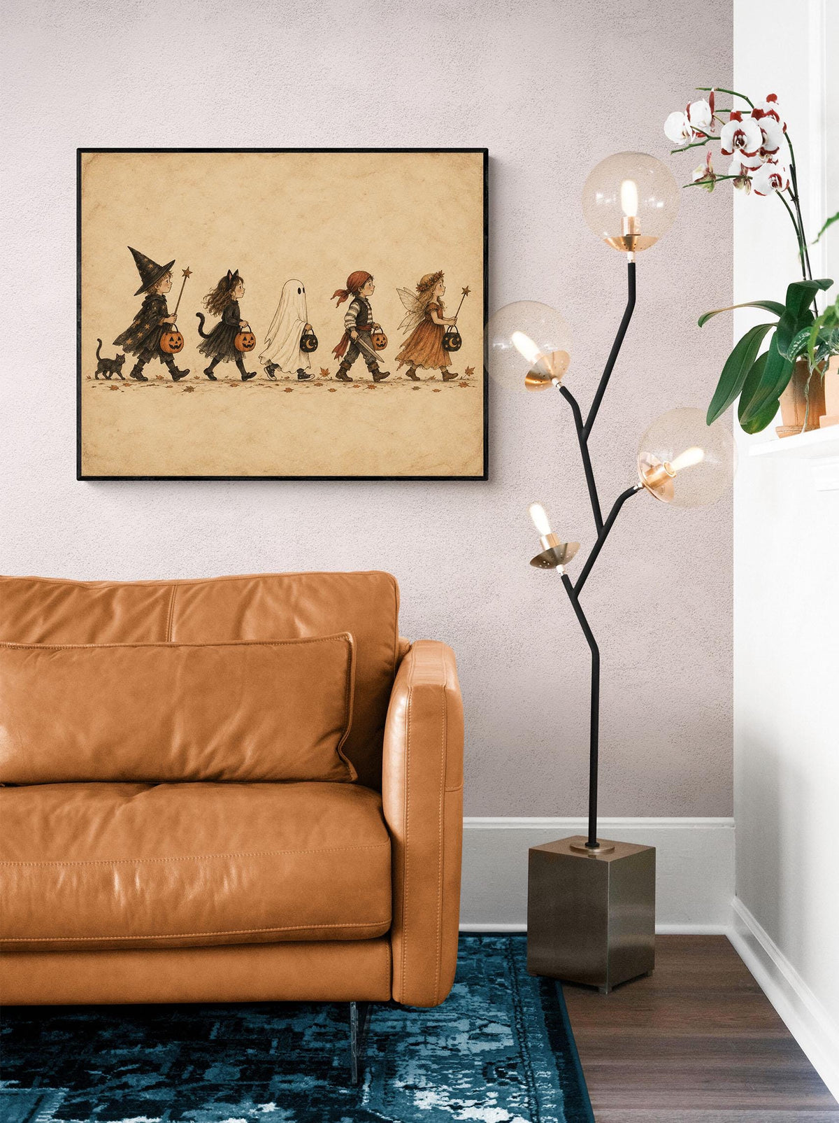 Vintage Trick or Treat Art Print, Halloween Costume Children, Storybook Fall Home Decor