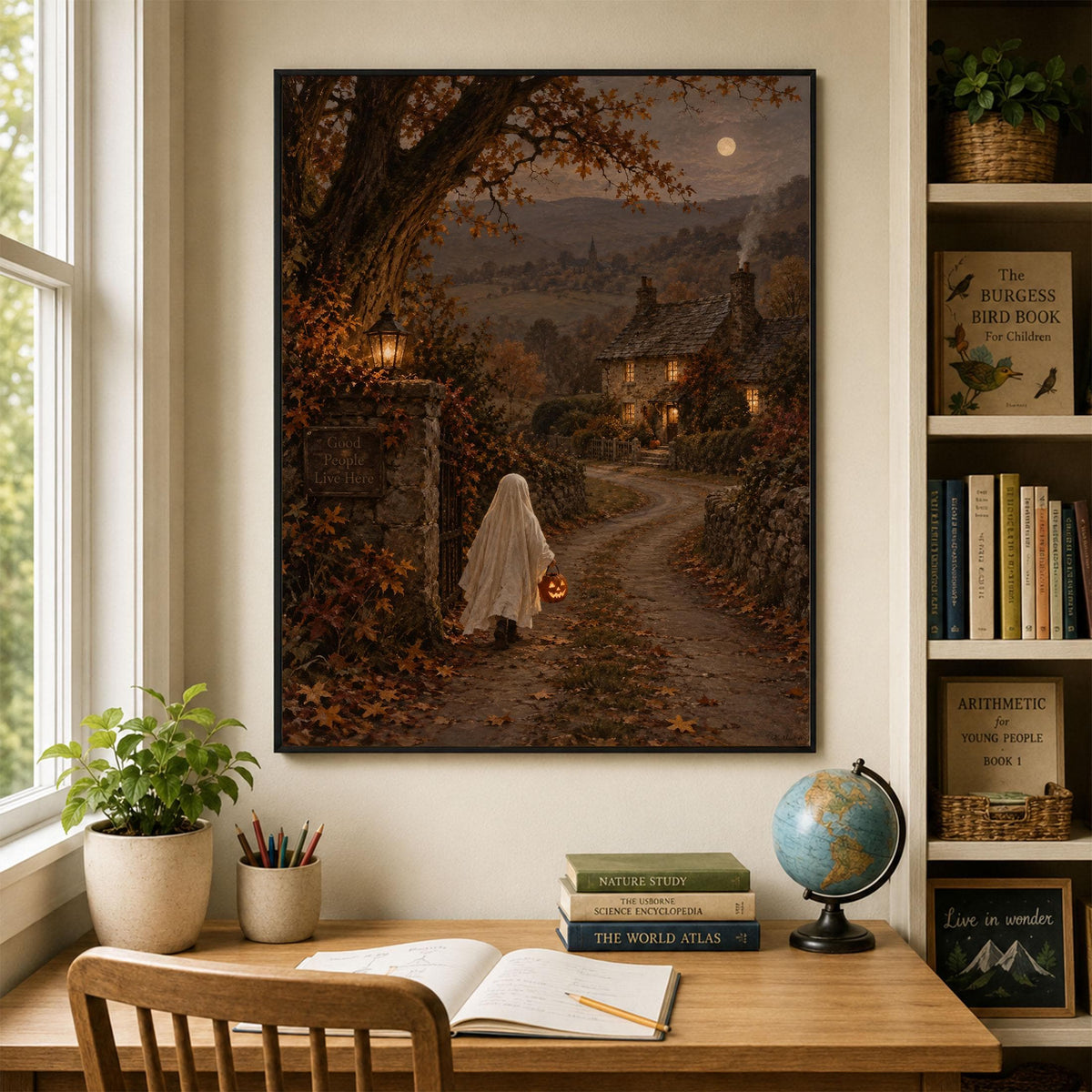 Vintage Ghost Trick or Treat Art Print, Halloween Costume Children, Cottage Fall Home Decor