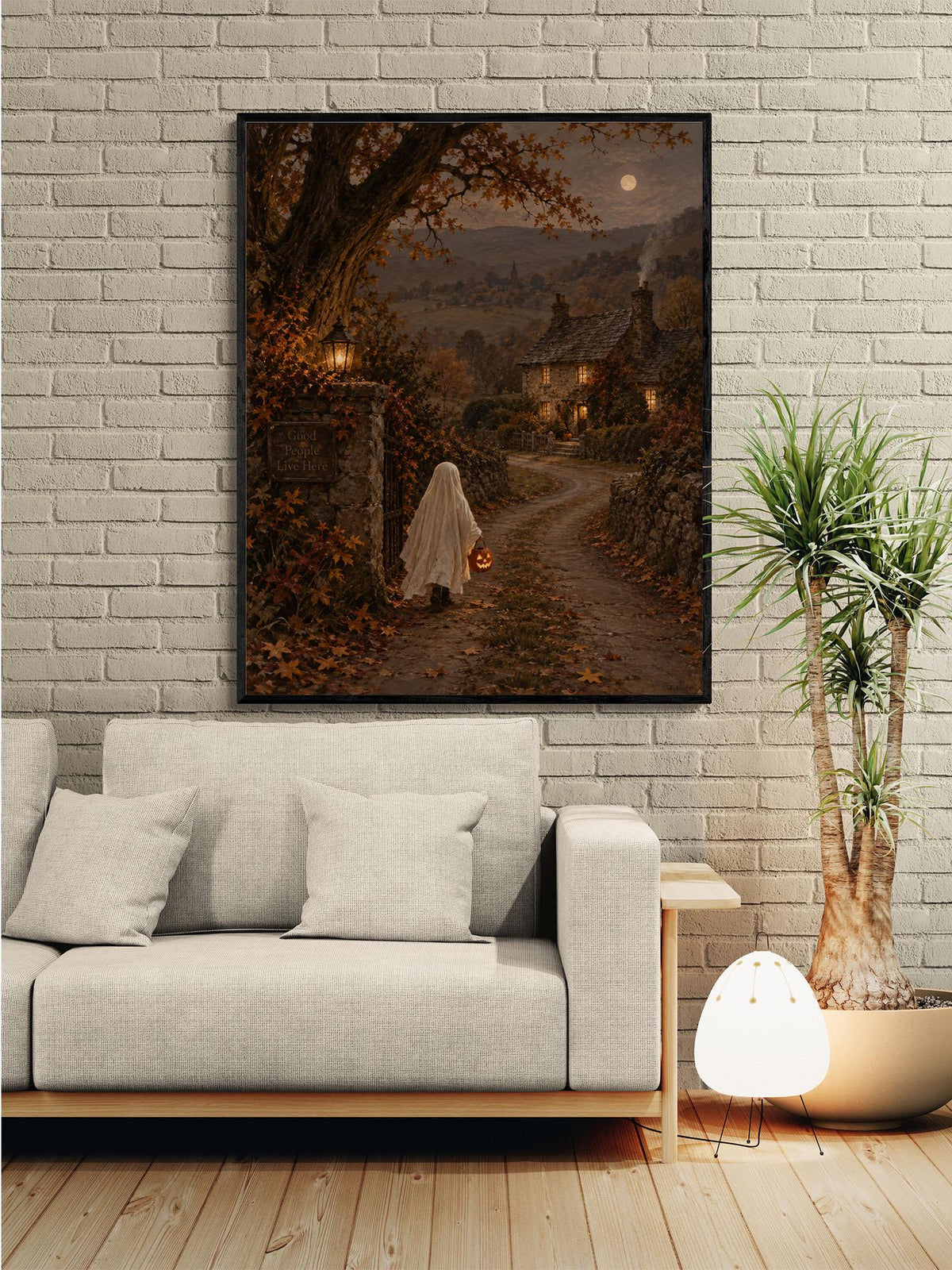 Vintage Ghost Trick or Treat Art Print, Halloween Costume Children, Cottage Fall Home Decor