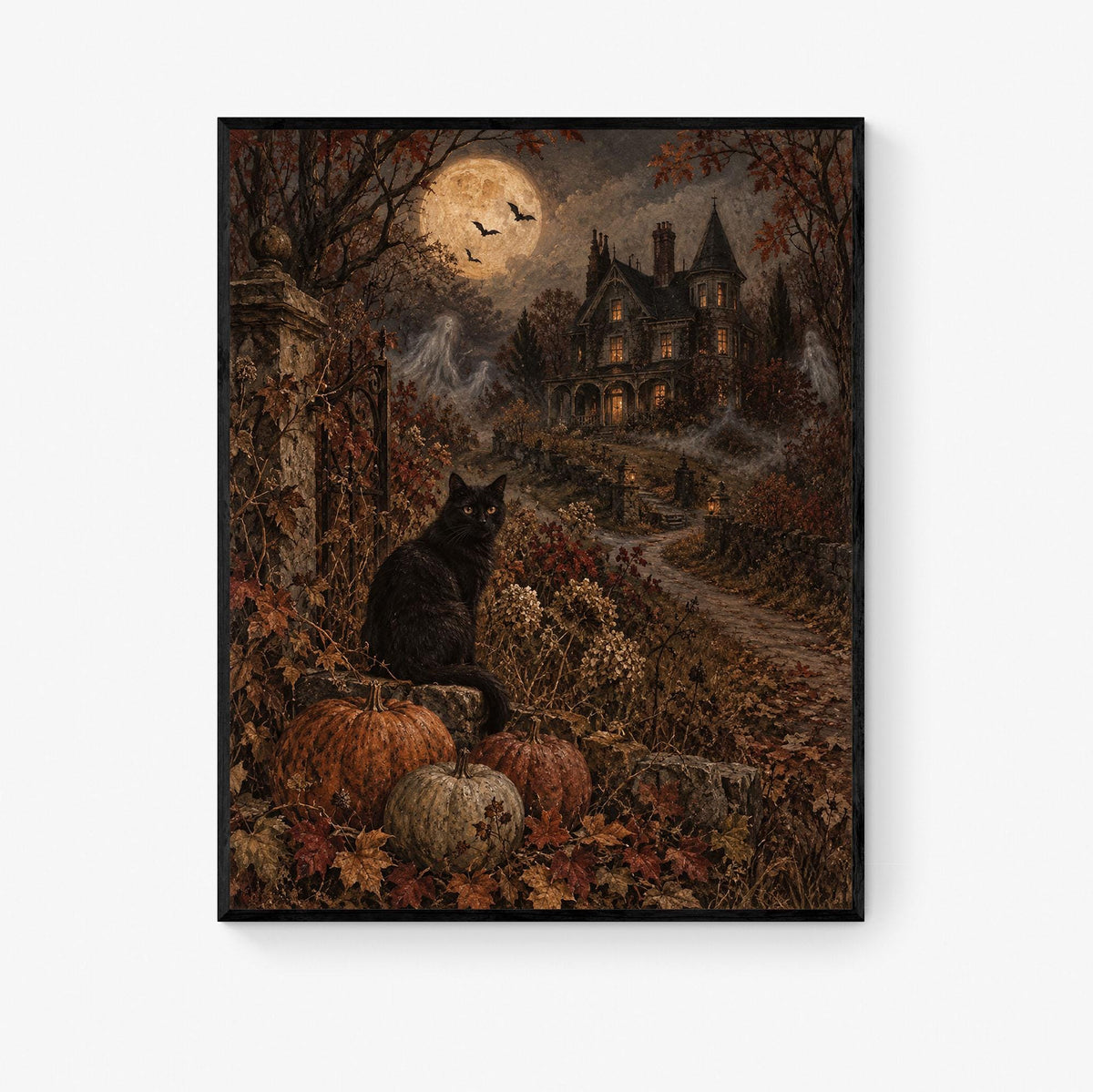 Black Cat Art Print, Halloween, Haunted Mansion, Autumn Moonlit Window, Fall Home Decor
