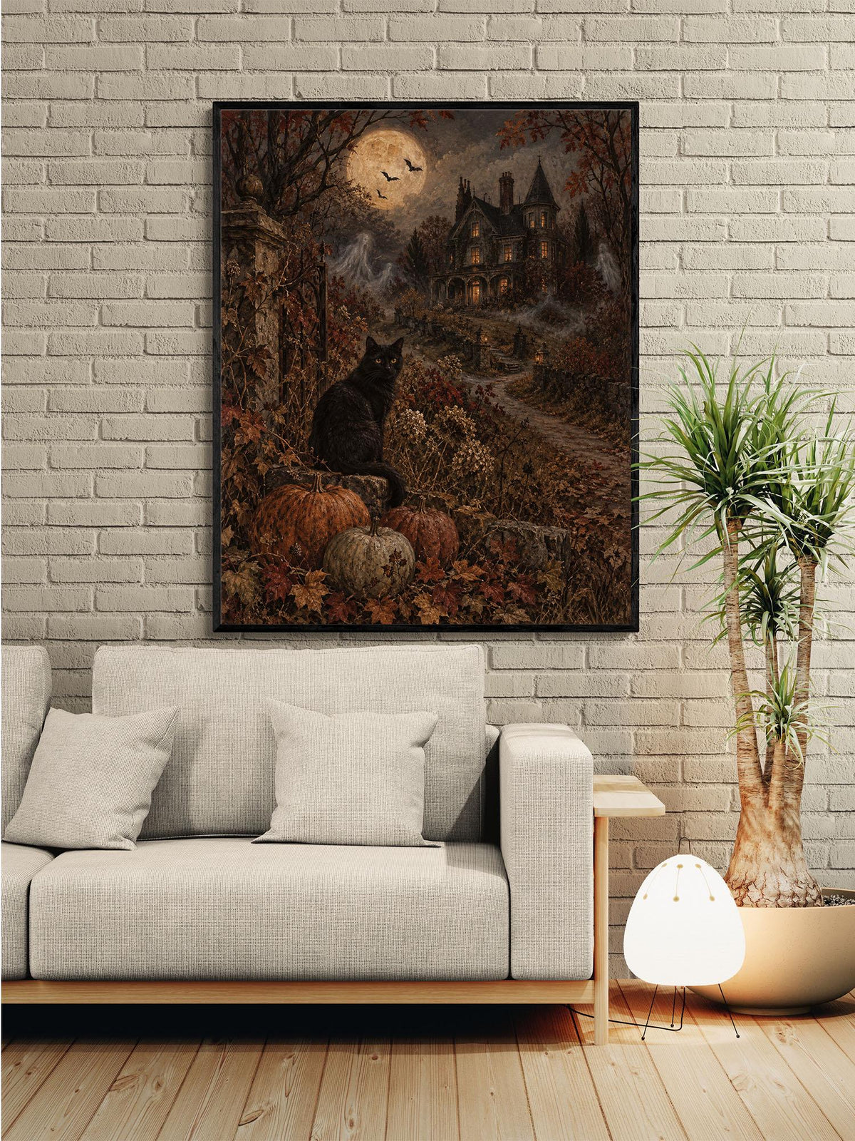 Black Cat Art Print, Halloween, Haunted Mansion, Autumn Moonlit Window, Fall Home Decor