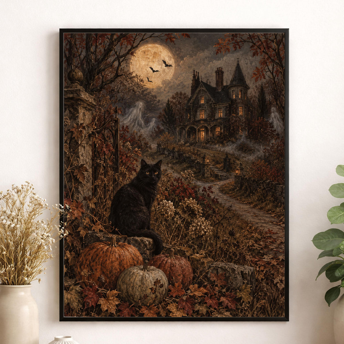 Black Cat Art Print, Halloween, Haunted Mansion, Autumn Moonlit Window, Fall Home Decor