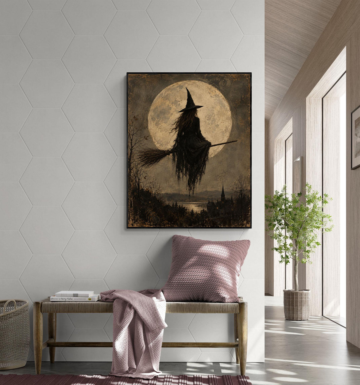 Gothic Witch Moon Art Print, Vintage Halloween, Broomstick, Landscape Wall Home Decor