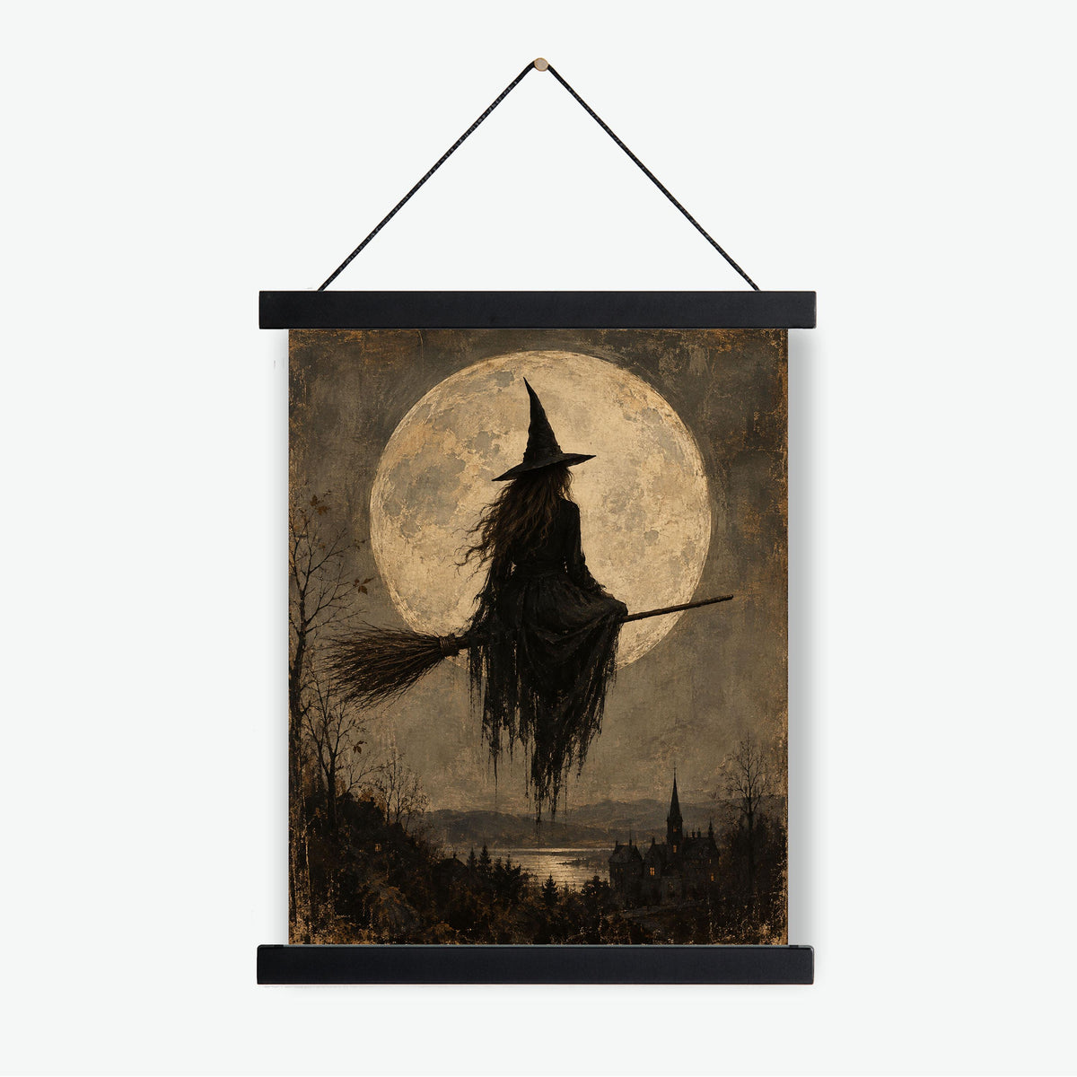Gothic Witch Moon Art Print, Vintage Halloween, Broomstick, Landscape Wall Home Decor