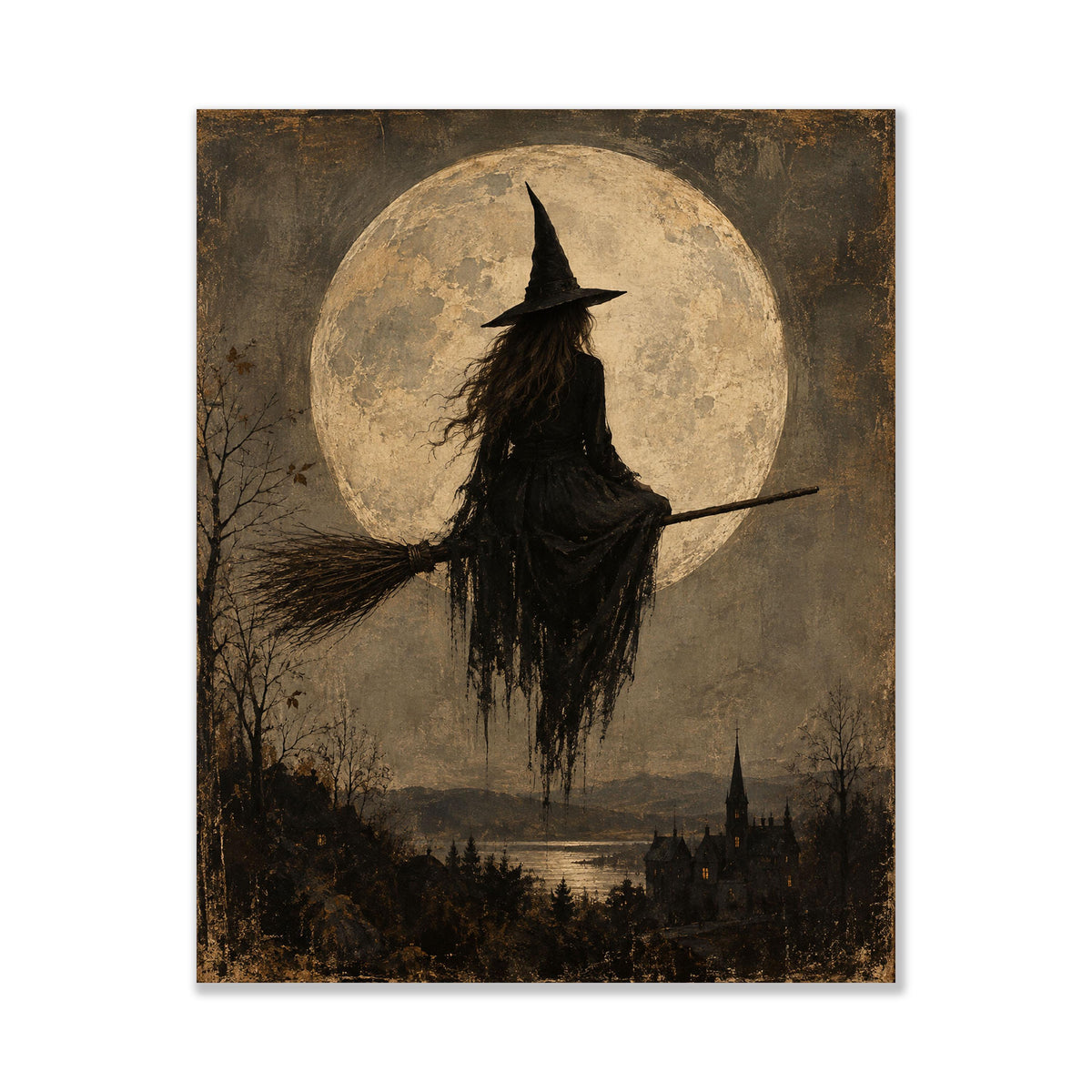 Gothic Witch Moon Art Print, Vintage Halloween, Broomstick, Landscape Wall Home Decor
