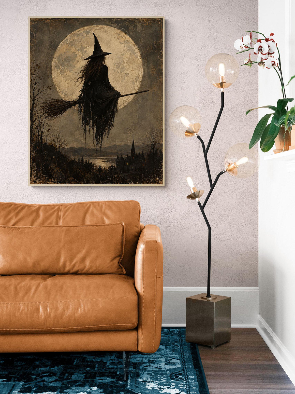 Gothic Witch Moon Art Print, Vintage Halloween, Broomstick, Landscape Wall Home Decor