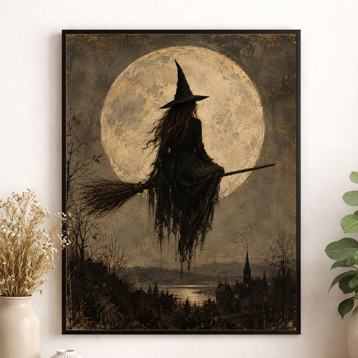 Gothic Witch Moon Art Print, Vintage Halloween, Broomstick, Landscape Wall Home Decor