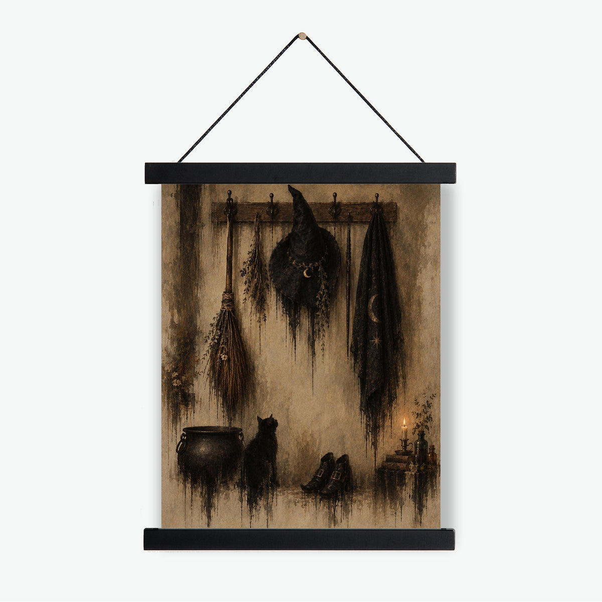 Halloween Witch’s Coat Rack Art Print, Vintage, Broomstick, Fall Wall Home Decor