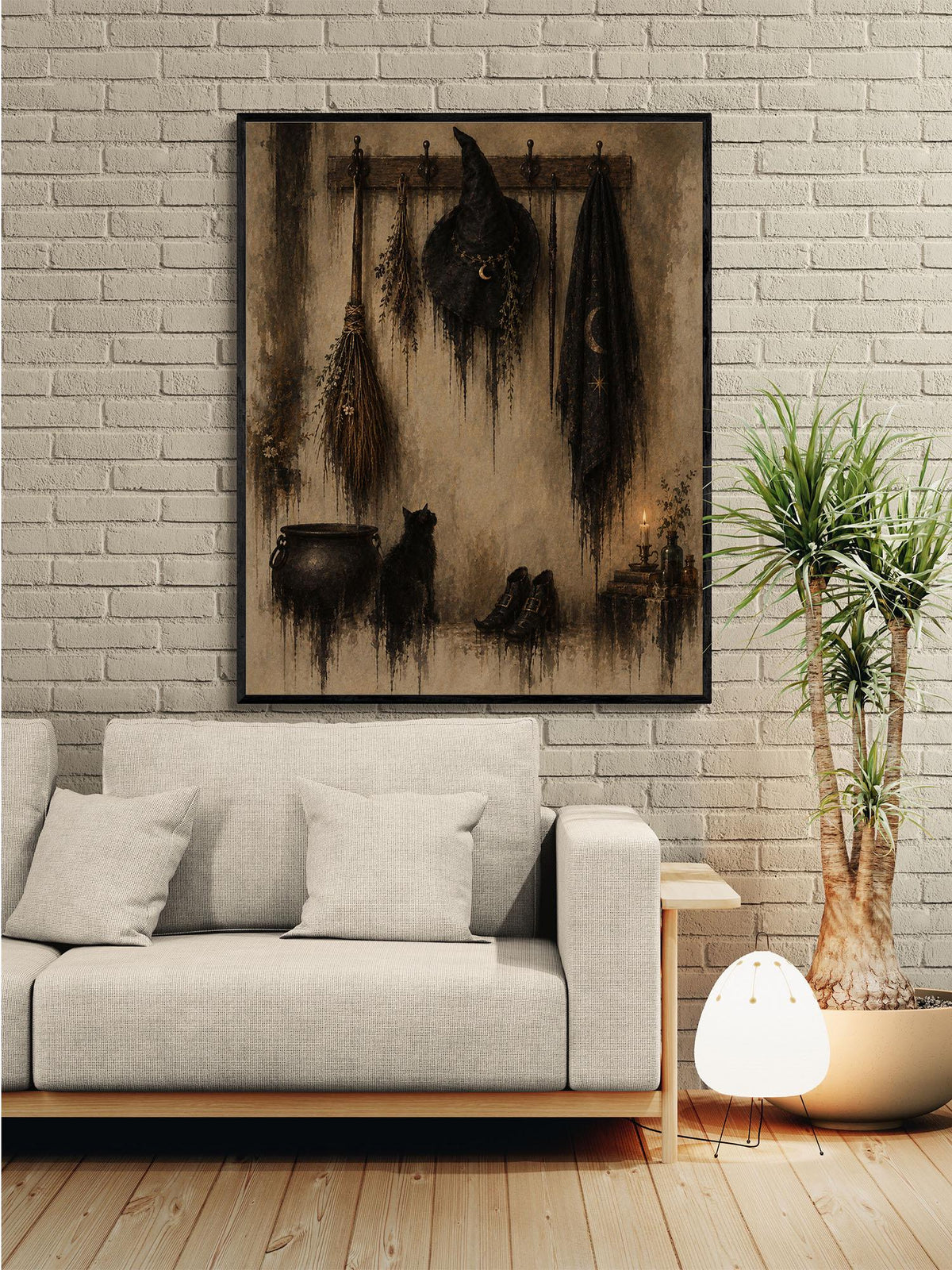 Halloween Witch’s Coat Rack Art Print, Vintage, Broomstick, Fall Wall Home Decor