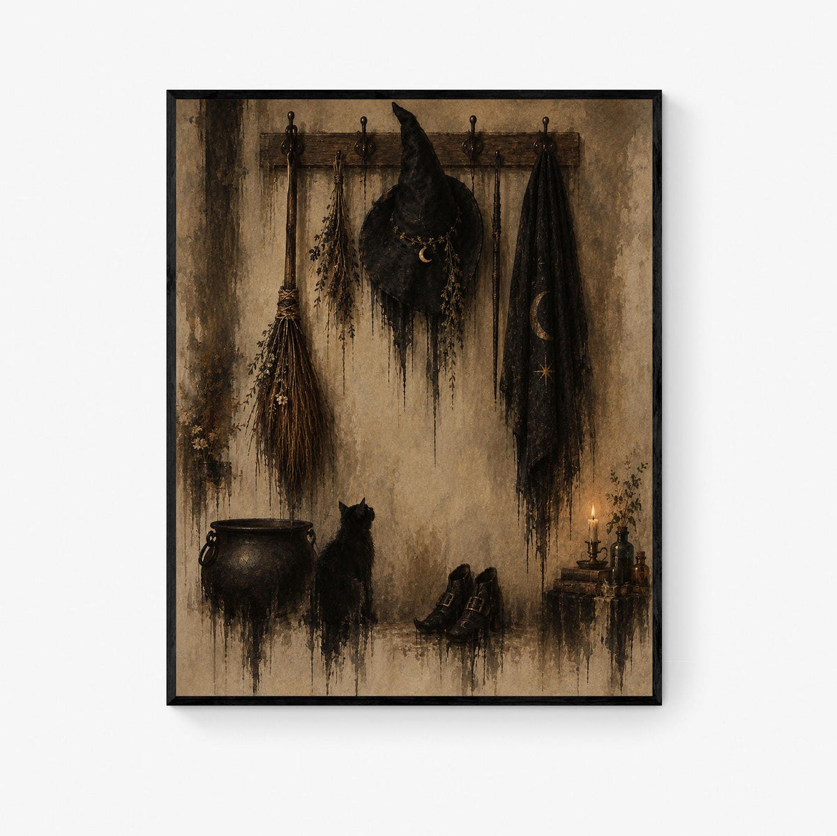 Halloween Witch’s Coat Rack Art Print, Vintage, Broomstick, Fall Wall Home Decor
