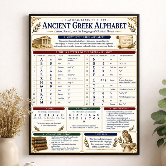 Ancient Greek Alphabet Chart Wall Art Print, Classical Learning Poster, Reference, Homeschool, Study Room Decor