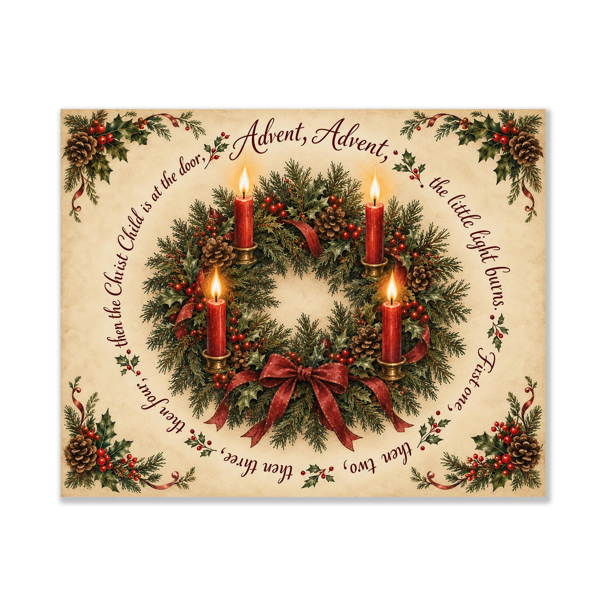Advent Wreath Art Print, Traditional German Christmas Advent Poem, Home Decor
