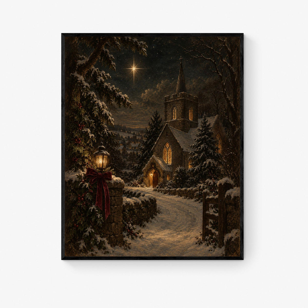 Christmas Church Art Print, Snowy Village, Nativity Star, Vintage Holiday Wall Artwork, Home Decor