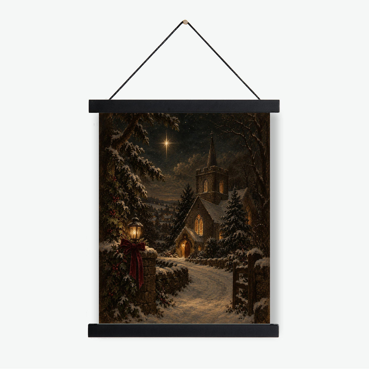 Christmas Church Art Print, Snowy Village, Nativity Star, Vintage Holiday Wall Artwork, Home Decor
