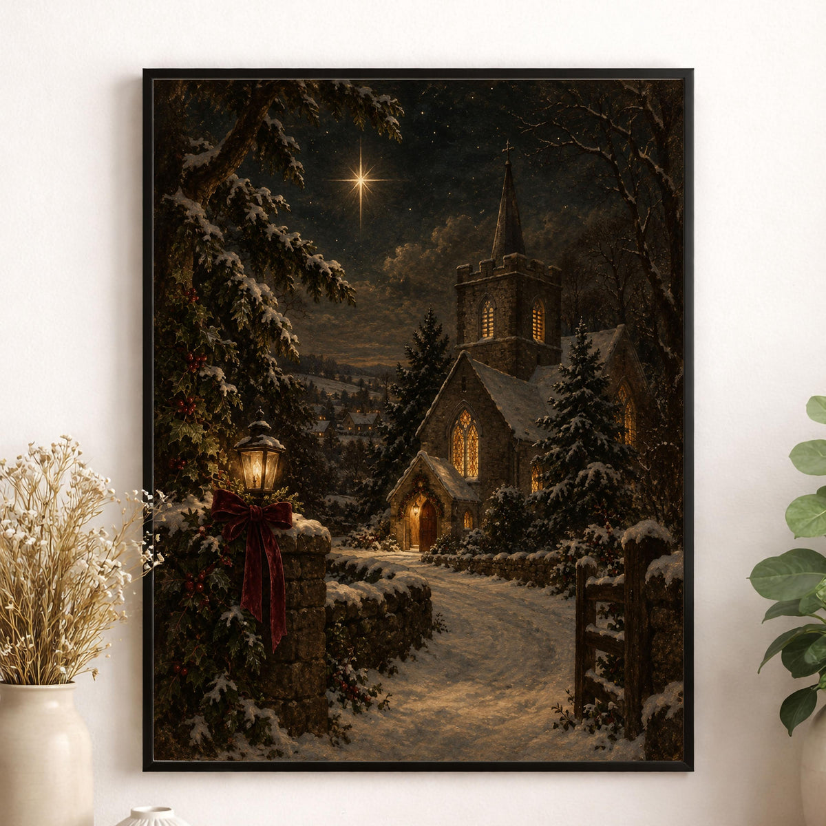 Christmas Church Art Print, Snowy Village, Nativity Star, Vintage Holiday Wall Artwork, Home Decor