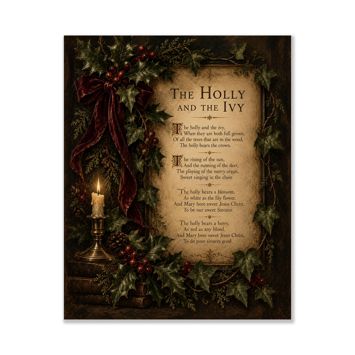 Holly And The Ivy Wall Art Print, Christmas Winter Poem, Vintage Holiday Home Decor