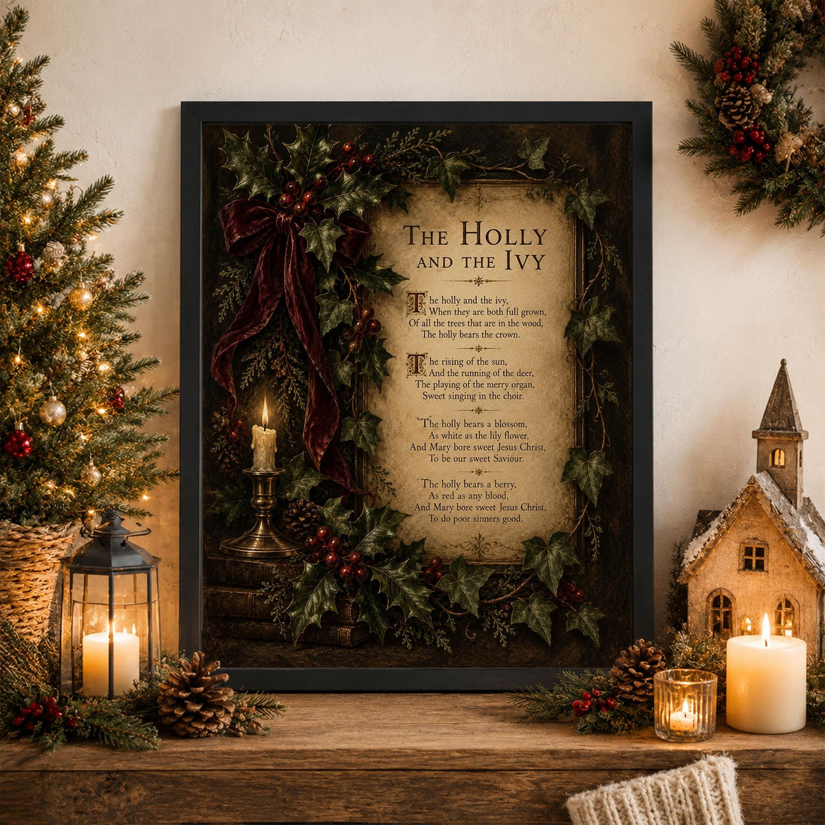 Holly And The Ivy Wall Art Print, Christmas Winter Poem, Vintage Holiday Home Decor