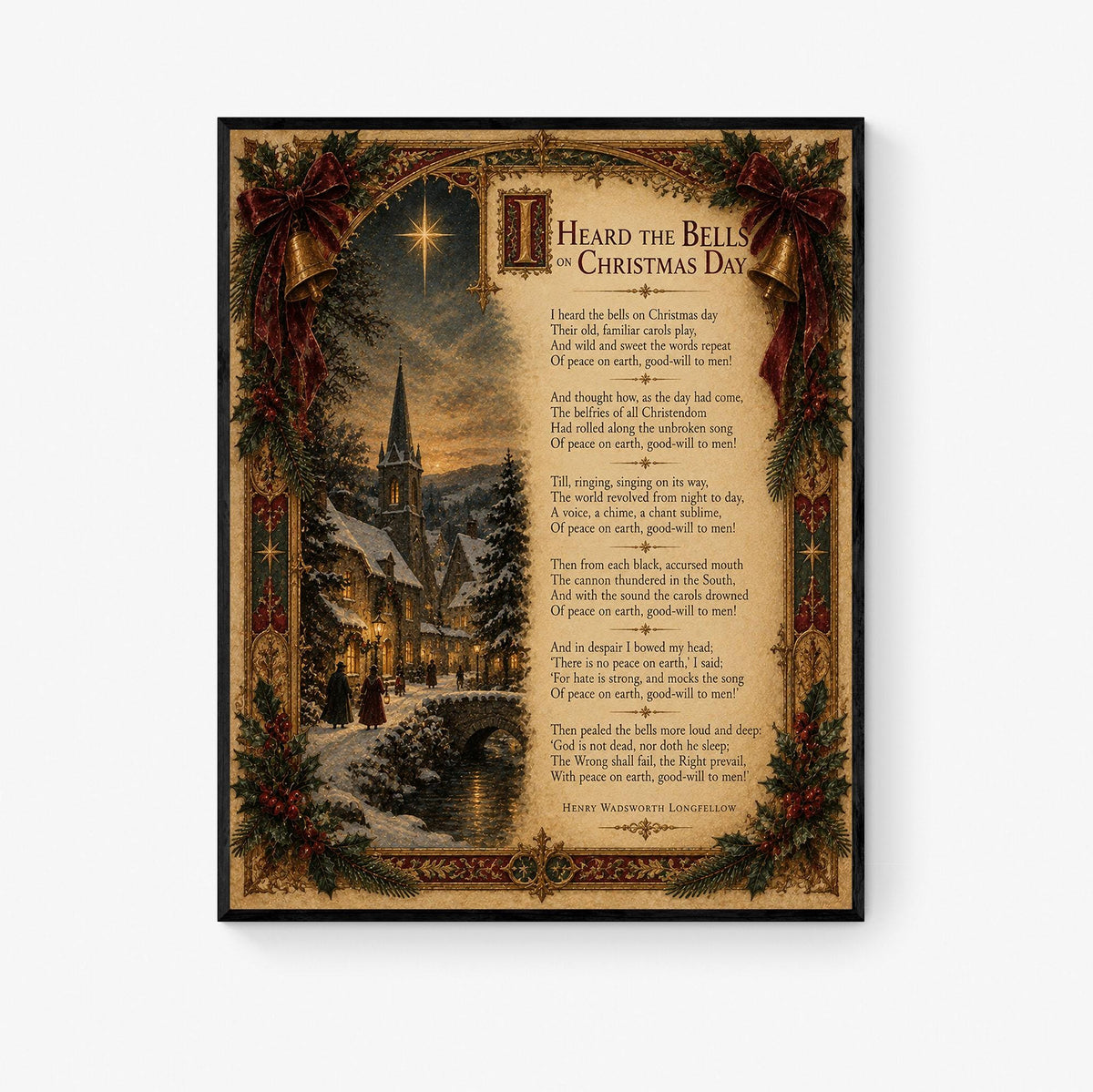 I Heard The Bells On Christmas Art Print, Longfellow Winter Poem, Vintage Holiday Home Decor