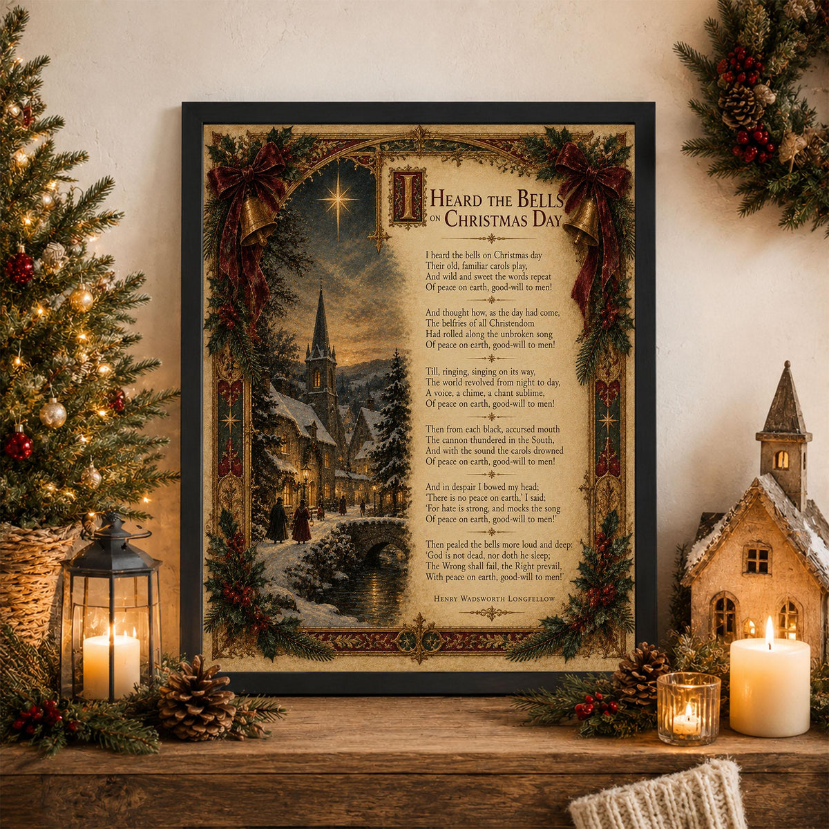 I Heard The Bells On Christmas Art Print, Longfellow Winter Poem, Vintage Holiday Home Decor